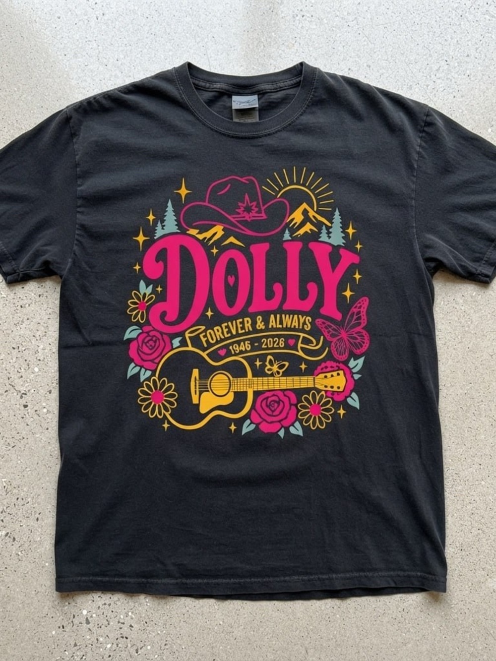 Gildan Black Tee with Pink & Gold Dolly Graphic
